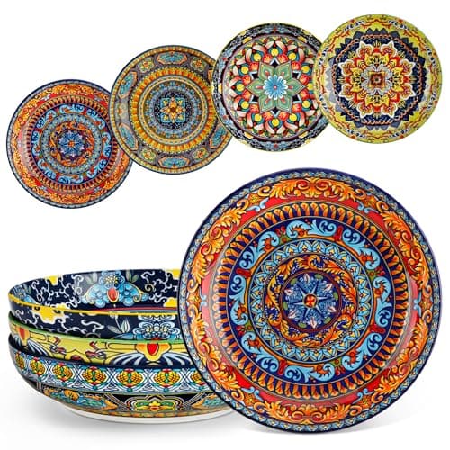 vancasso Pasta Bowls Set of 4, Ceramic Salad Serving Bowls, 42Oz Large Pasta Bowls, 8.7 in Colorful Bowl Plates for Soup, Bohemian Shallow Bowls for Kitchen, Microwave & Dishwasher Safe