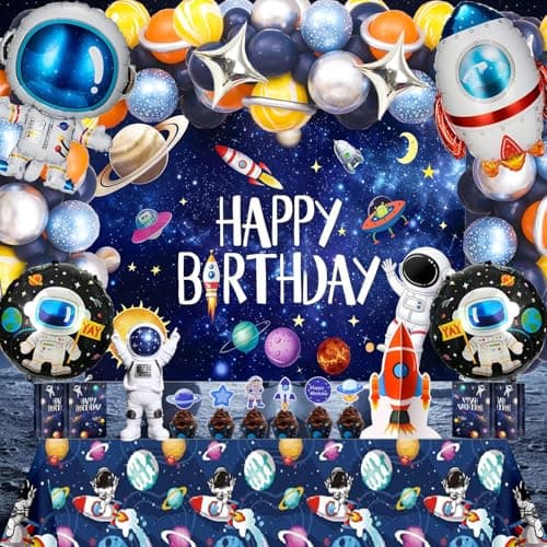 Outer Space Theme Birthday Party Decorations - Galaxy Party Supplies : Happy Birthday Backdrop, Tablecloth, Rocket ,Astronaut Balloons and Multi-color Balloons .Caketopper for Kids Boys
