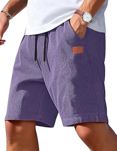 AUSELILY MEN Men's Corduroy Shorts 9 inch Cotton Drawstring Casual Elastic Waist Summer Beach Shorts Big and Tall with Pockets Purple L