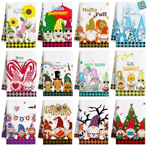 Vetoxka 12 PCS Seasonal Kitchen Towel Set for All Holidays - Cute Valentine St Patricks Day Decorations Hand Dish Tea Towels Gift Bulk Spring Bee Easter Dishcloths for Cooking Housewarming Gnome Gifts