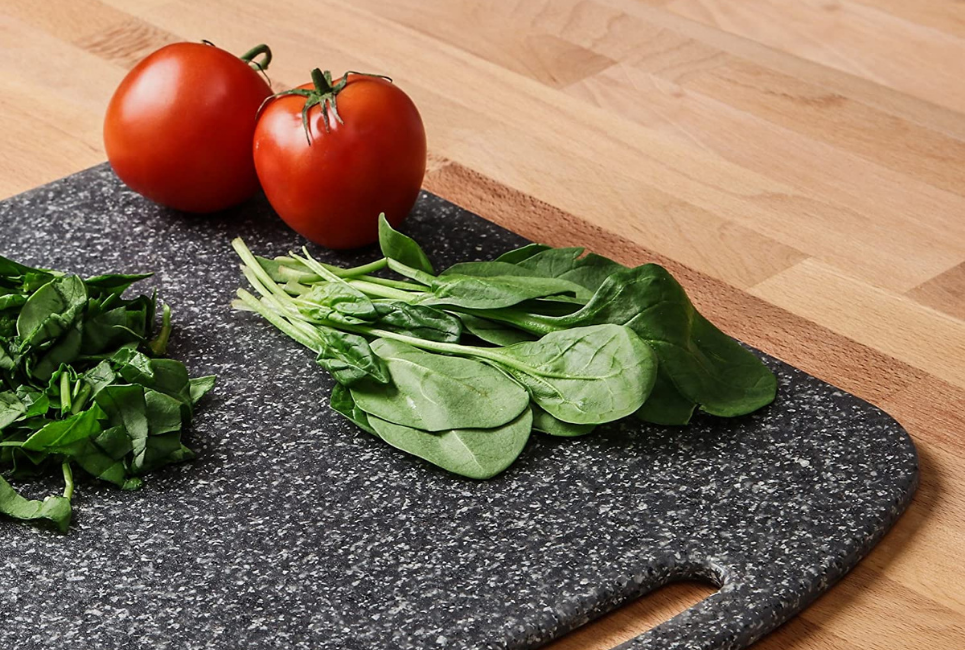 produce on grey granite cutting board