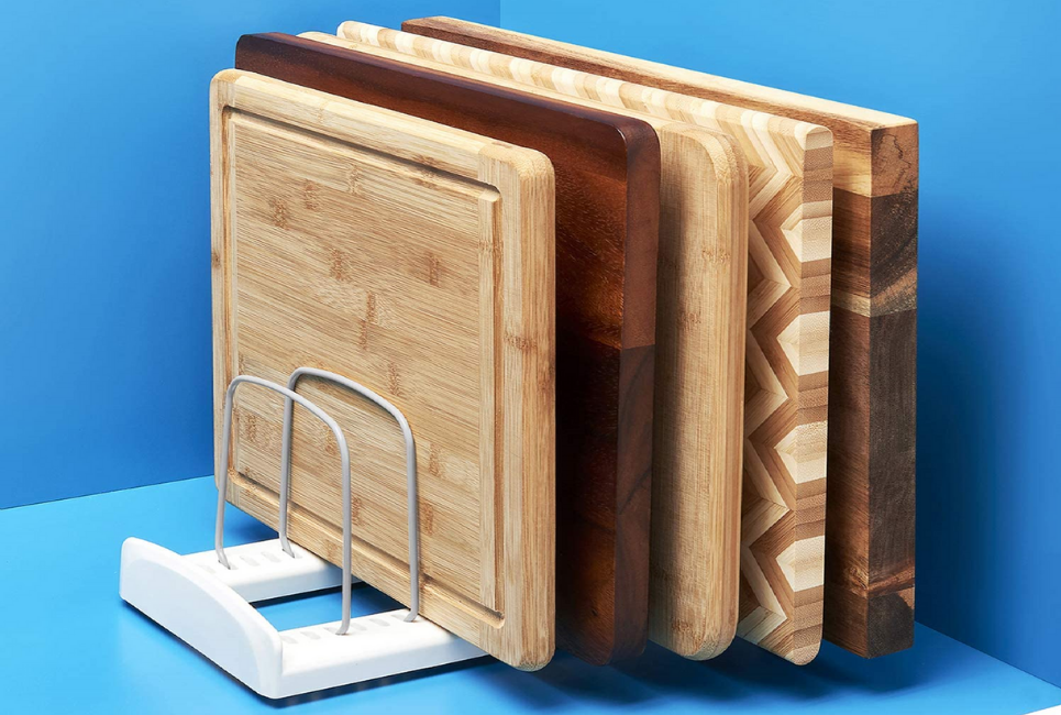 cutting boards standing up in holder