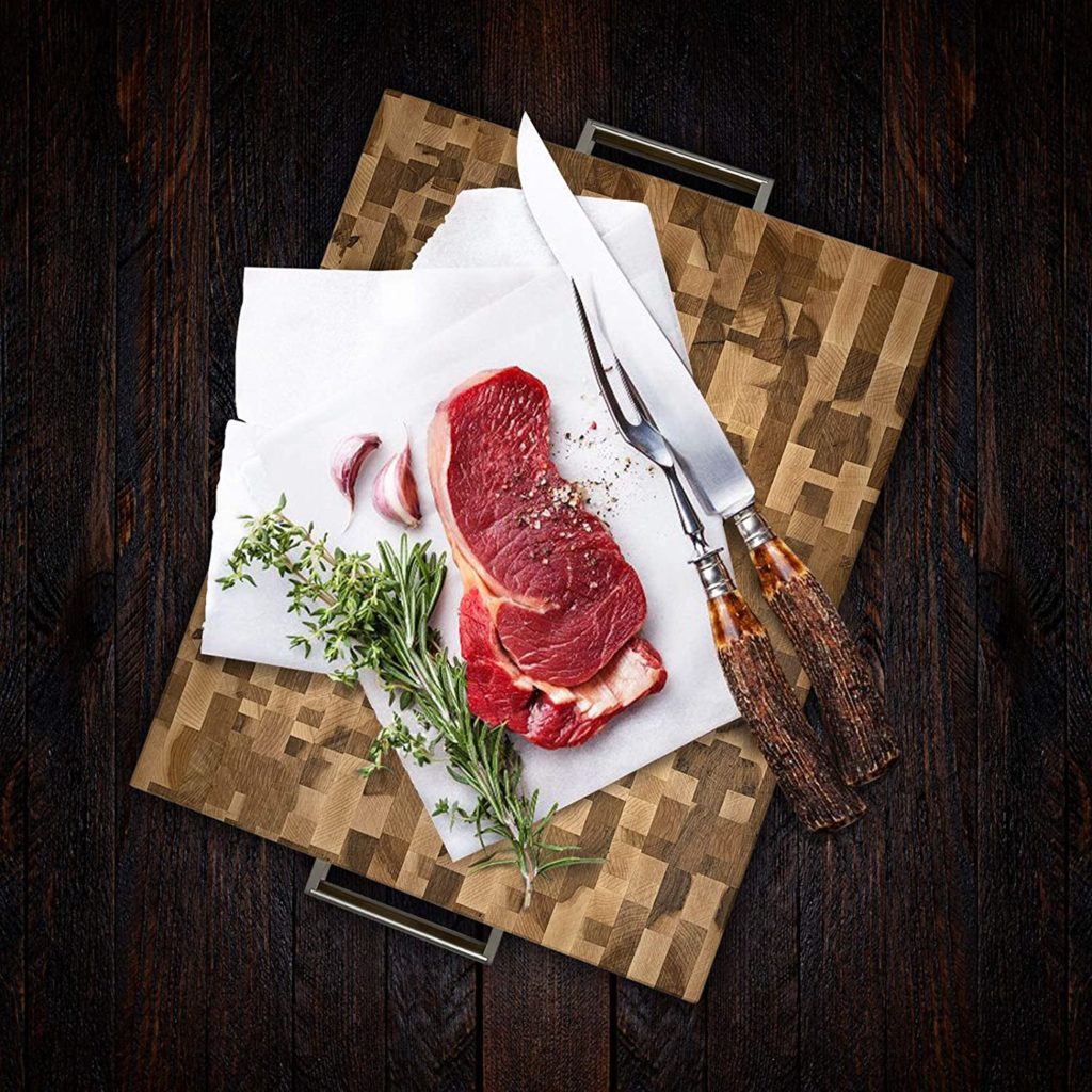 kisote maple cutting board with steak and knife on top