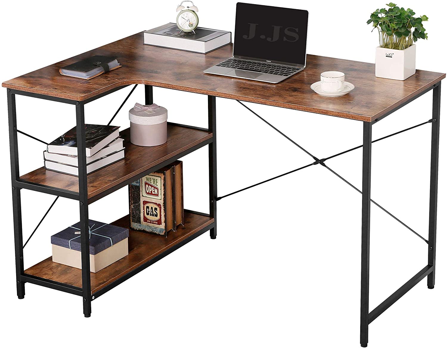 JJS L-Shaped Home Office Corner Writing Computer Desk with Build-in Bookcase