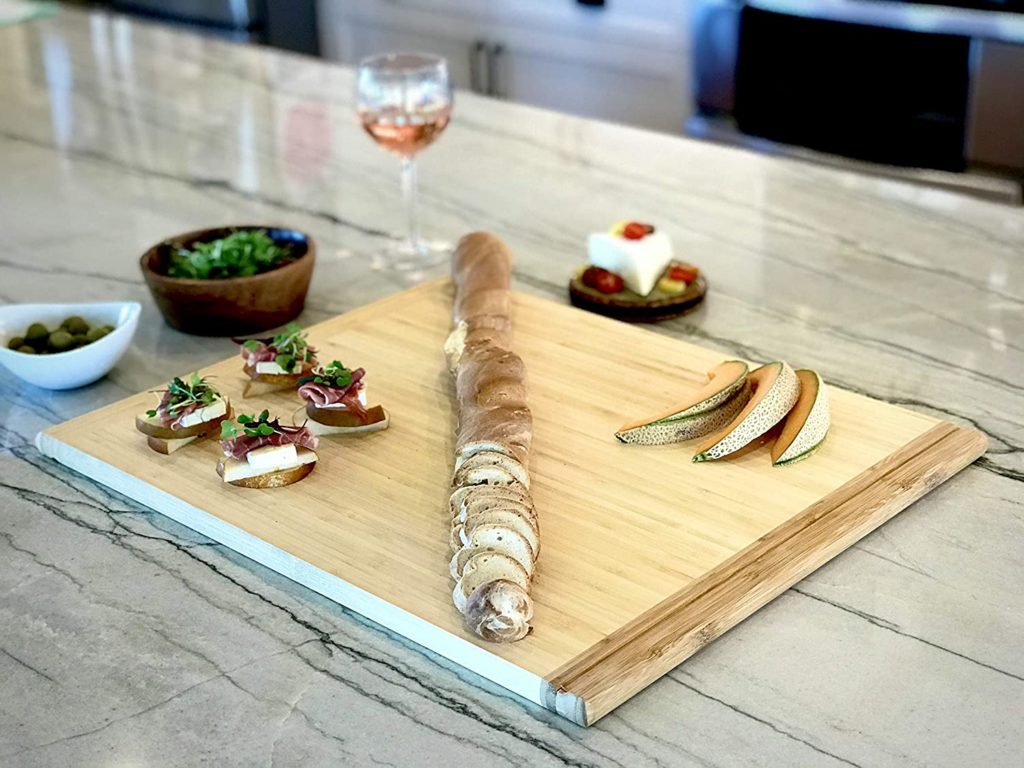 cutting board with arrangement of food on it