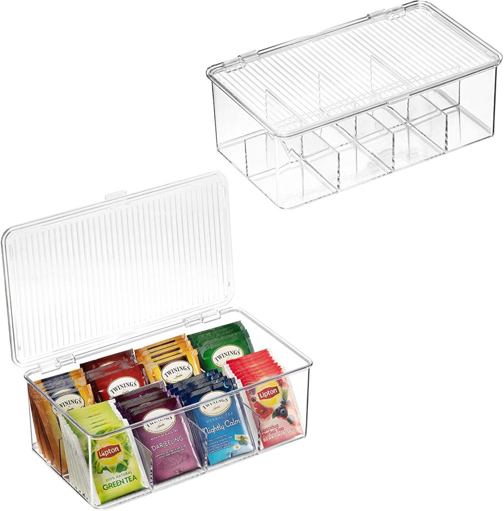 clear acrylic tea box organizer shown with and without tea bags