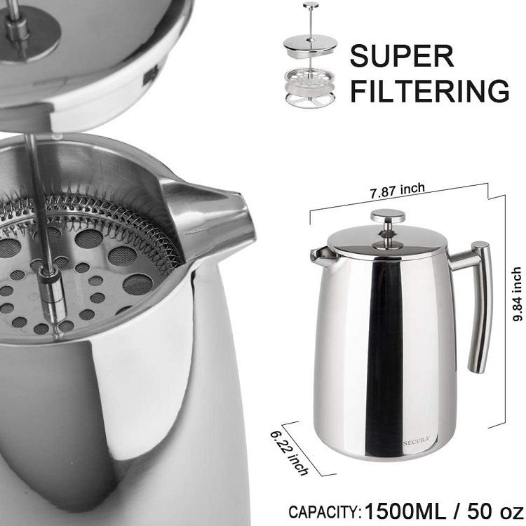 infographic of stainlees steel french press and filter mechanisms