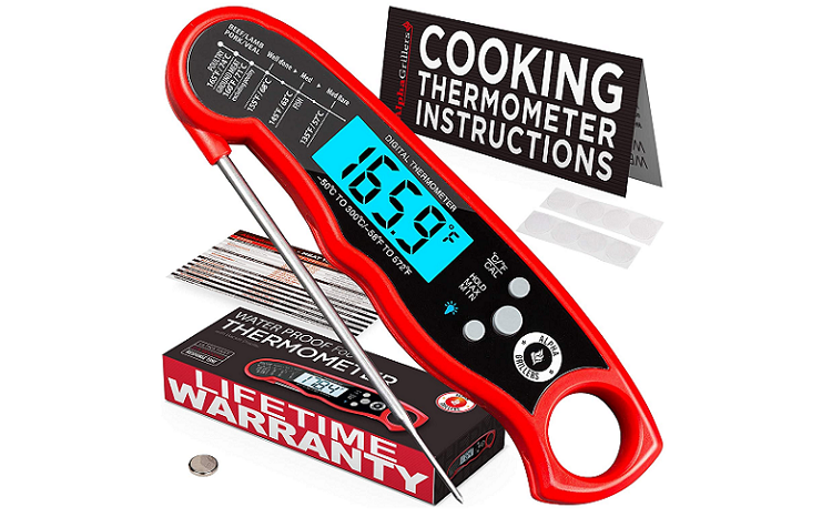 red and black digital probe thermometer shown with original packaging