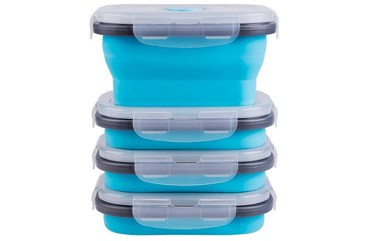 stack of bright blue collapsible containers with grey lids