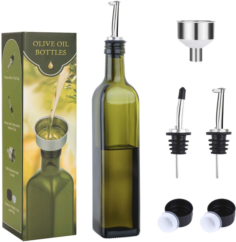 green glass olive oil dispenser with replacement spouts and original box