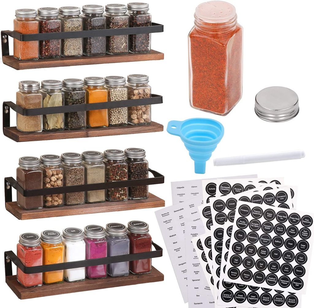 modern farmhosue style wall mount spice racks featuring red spice in jar and labels