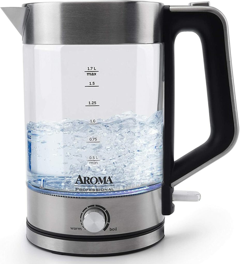 glass electric tea kettle with black handle and stainless steel details