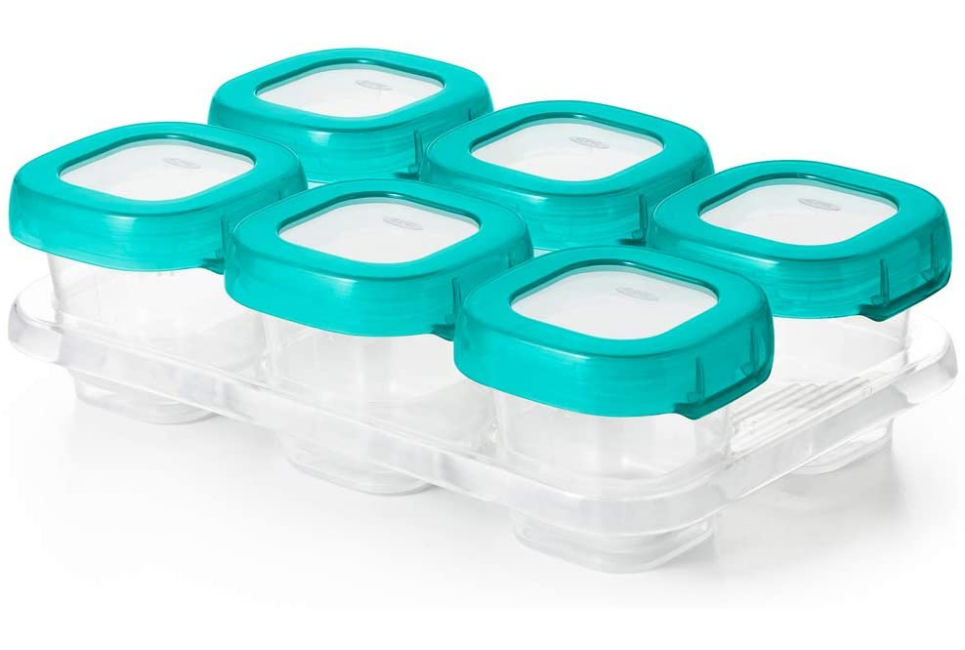 tray holding plastic baby food jars with teal lids