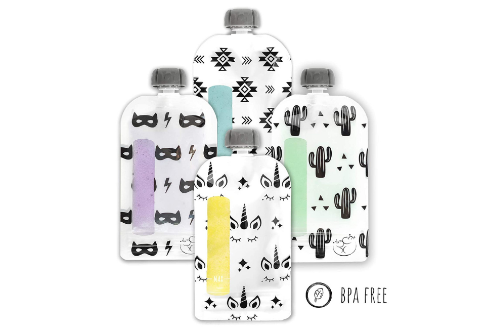 black and white illustration patterned baby food pouches
