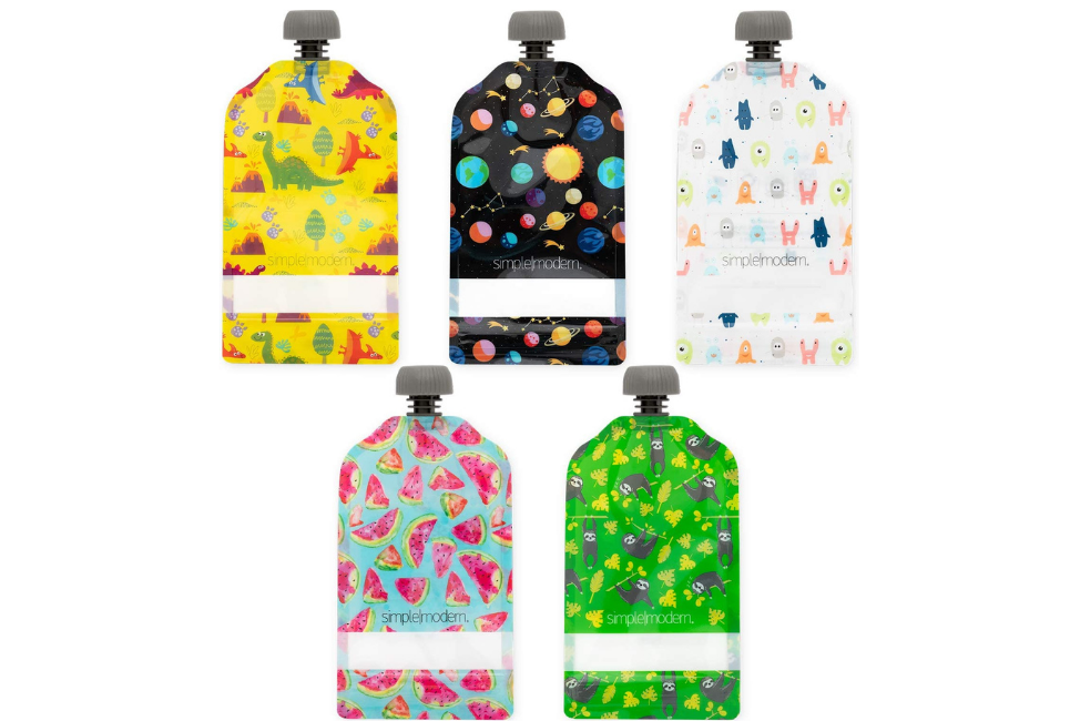 vibrant cartoon patterned baby food pouches