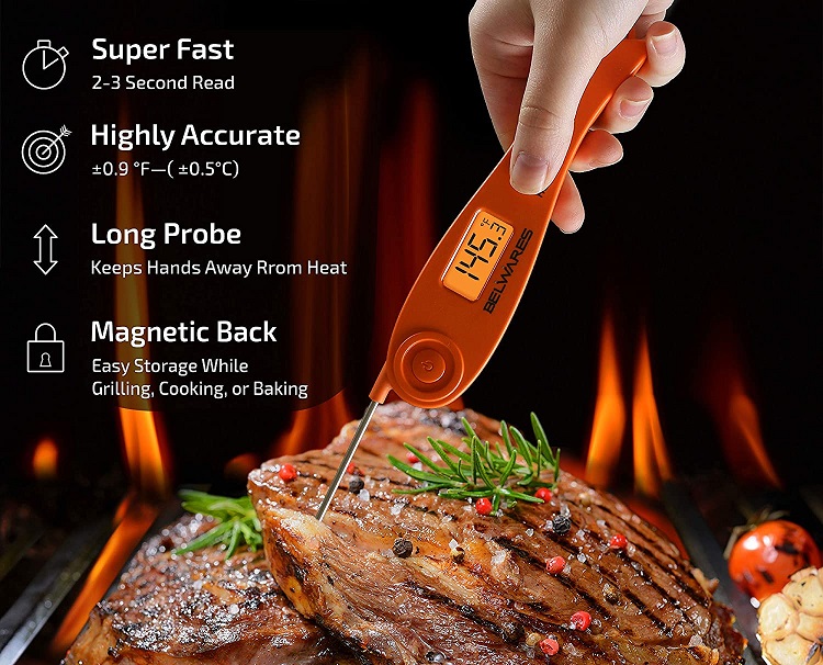 inforgraphic of features on orange digital thermometer taking temperature of meat on grill