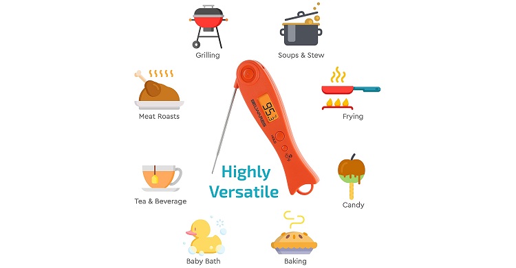 inforgraphic of features on orange digital thermometer with emoticons of food
