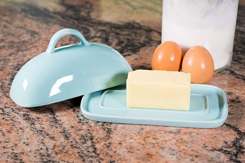 blue ceramic cutter dish on counter