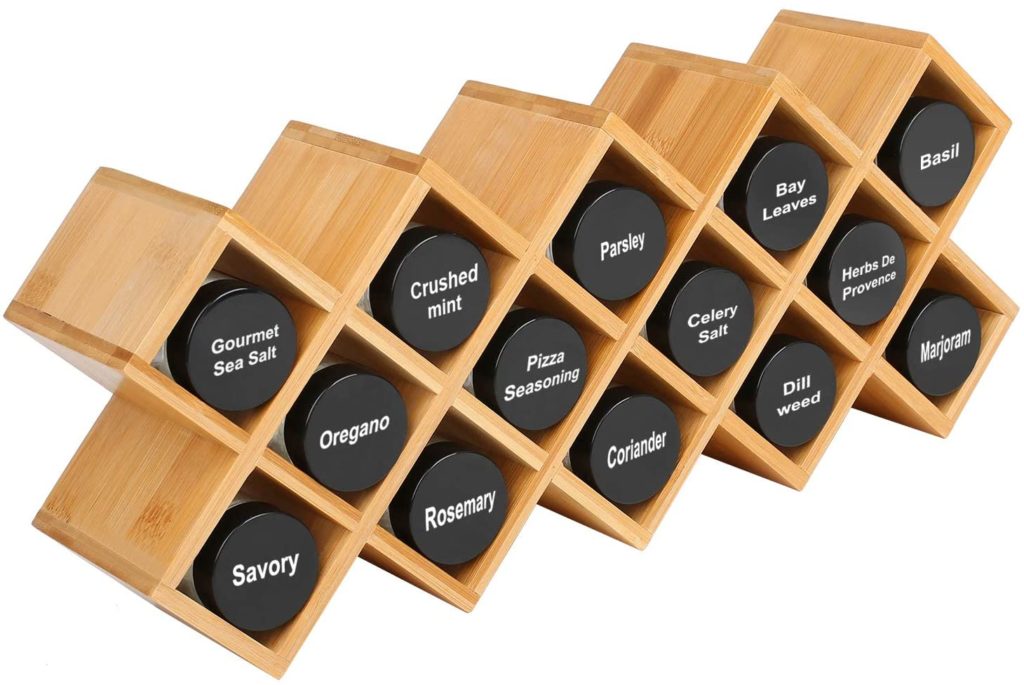 criss cross bamboo counterop spice rack shown with labeled bottles