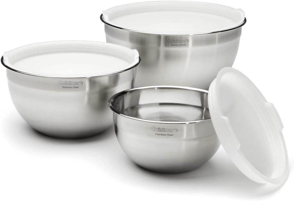 set of three cuisinart stainless steel mixing bowls with white lids