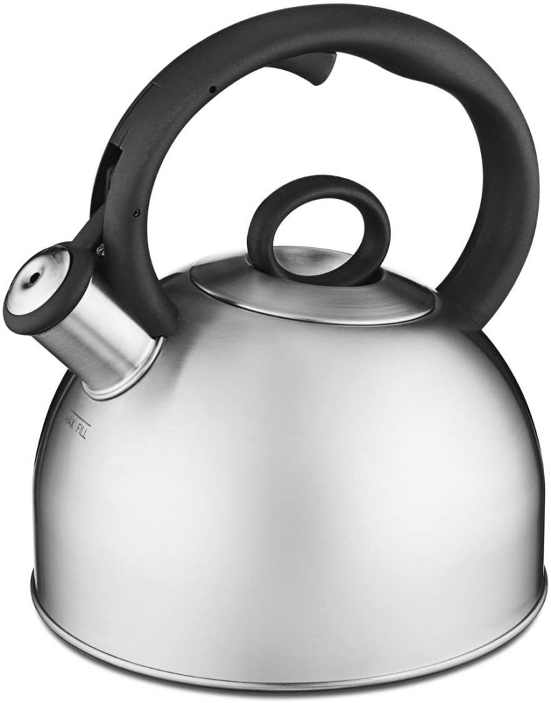 brushed stainless steel tea kettle with black handle