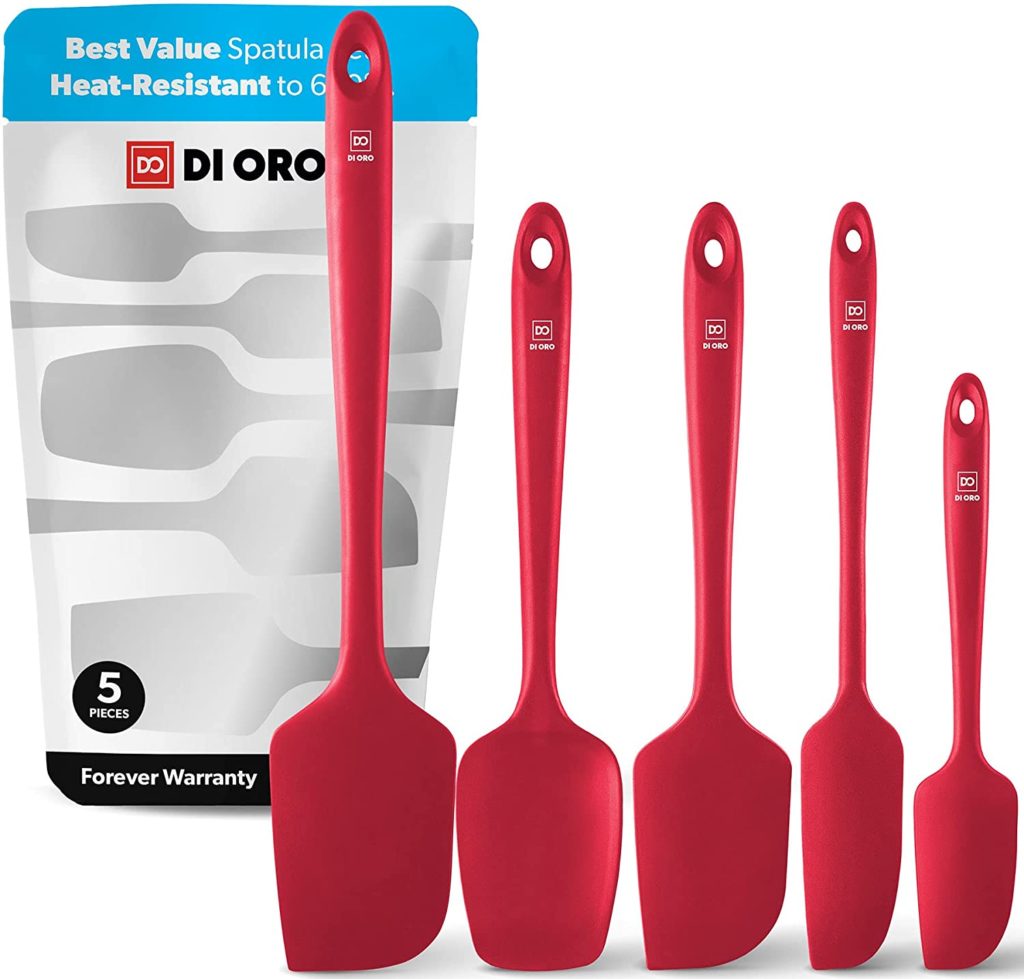 red bowl scraper spatulas with DI ORO brand packaging