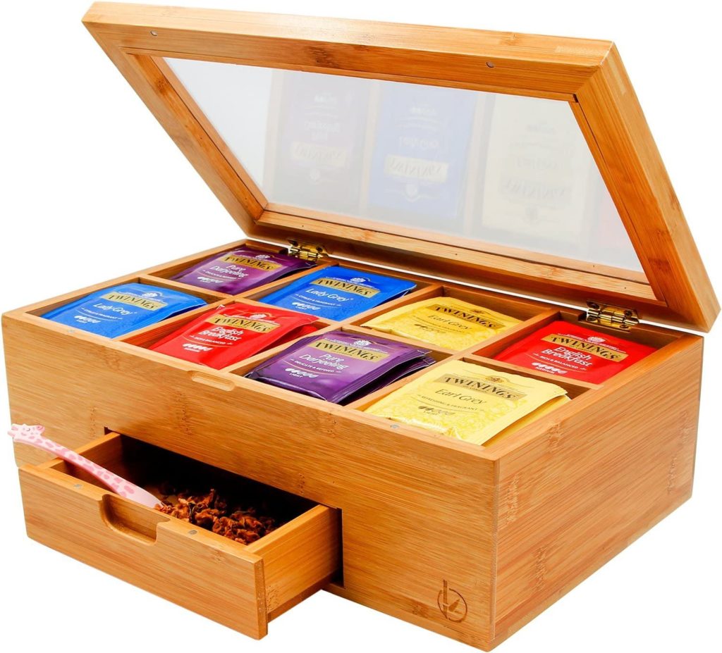 wooden box tea caddy organizer with clear lid