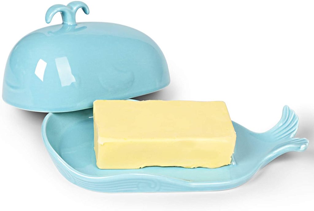 blue ceramic whale shaped butter dish
