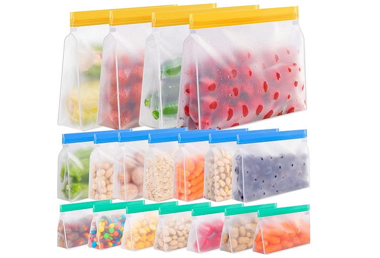 assorted food in rows of resuable silicone snack bags