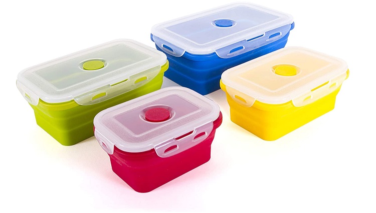 four multicolored collapsible storage containers