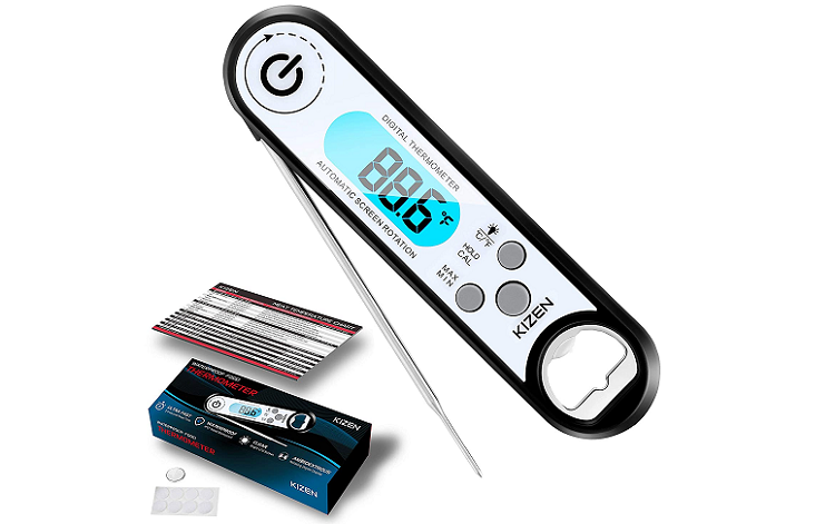 white digital probe meat thermometer shown with original packaging