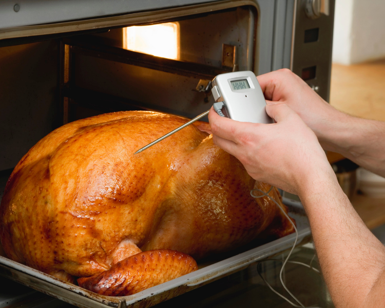 person testing temperature of turkey in oven with white thermometer