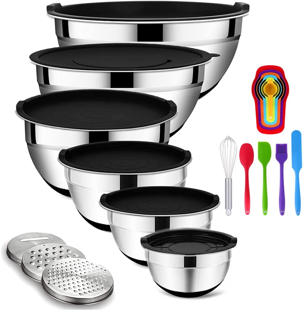 set of 6 stainless steel mixing bowls with black lids and silicone cooking utensils