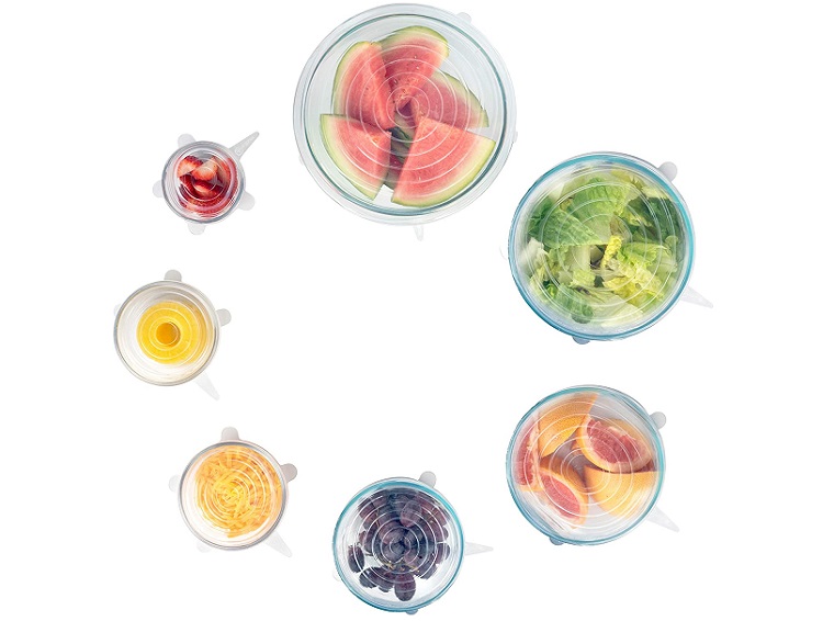 circle flatlay of food stored with flexible silicone lids