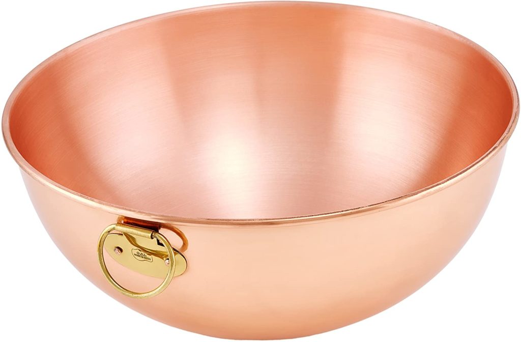 large copper mixing bowl with gold ring