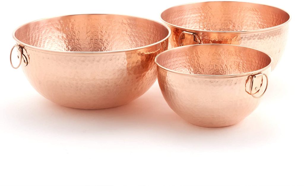 set of three hammered copper mixing bowls