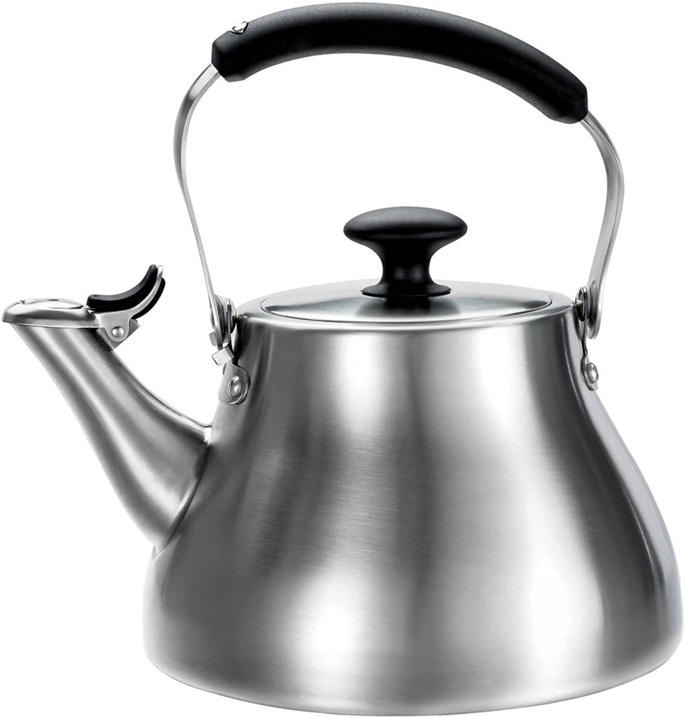 brushed stainless steel tea kettle with black lid holder