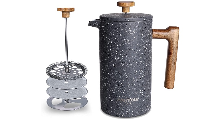 black and white speckled french press machine with filter shown and wooden handle