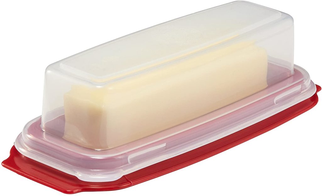 clear plastic butter dish with red base