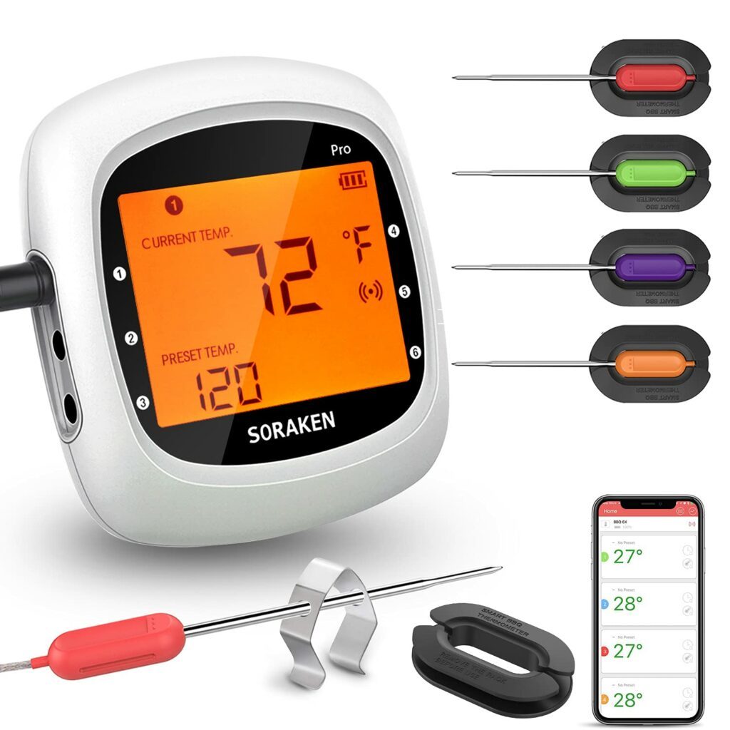 white digital meat thermometer shown with different color variations and example of app on smartphone