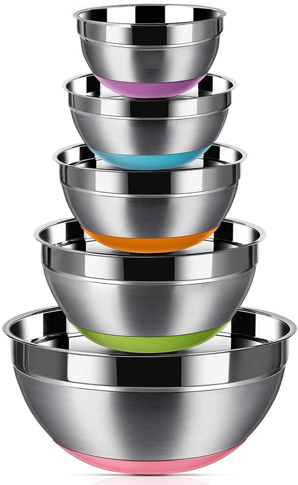 stack of five stainless steel mixing bowls with multicolored nonslip bottoms