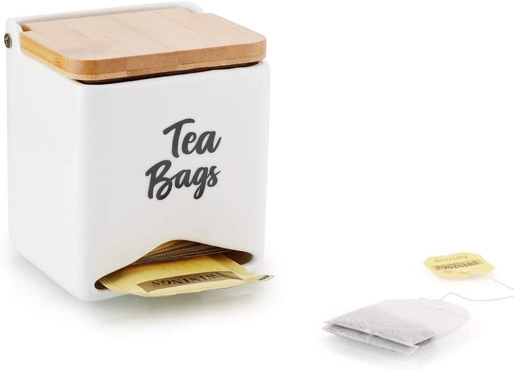 white porcelain tea bag caddy with dispenser slot at bottom labeled TEA BAGS