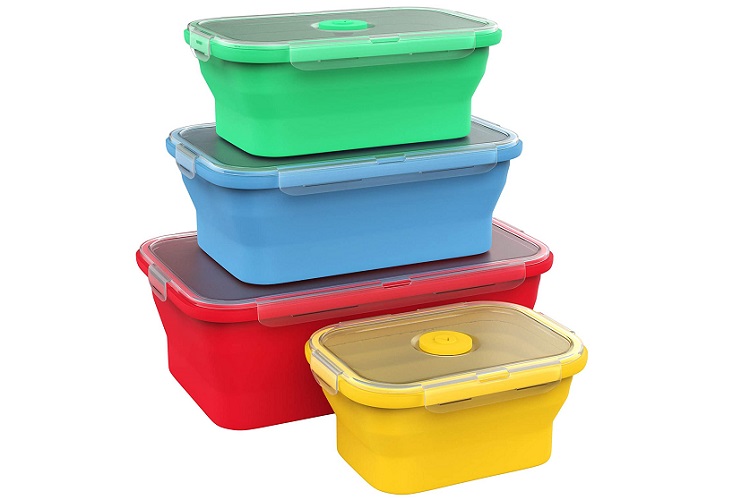 stack of multicolored food containers of varying sizes