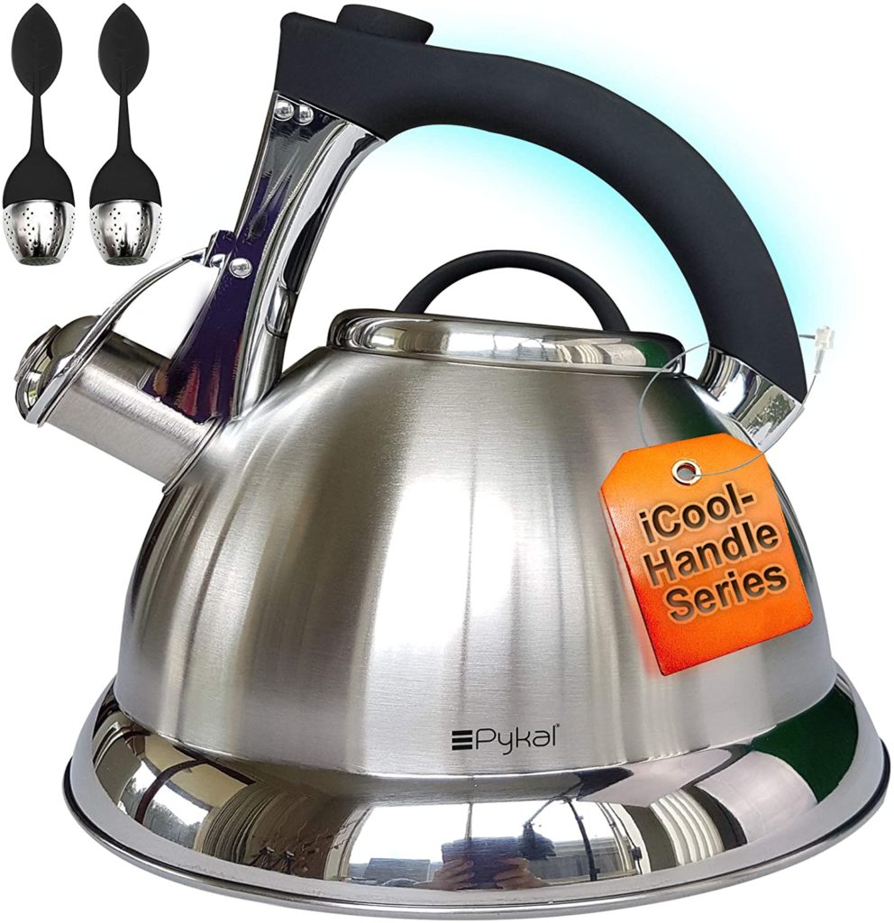metal tea kettle shown with icool handle series tag