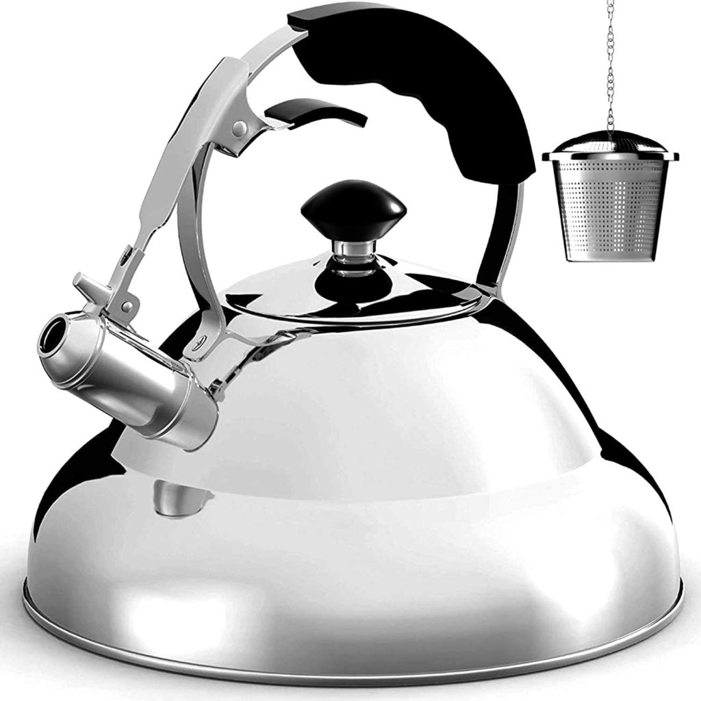 irregularly shaped silver tea kettle shown with stainless steel tea strainer
