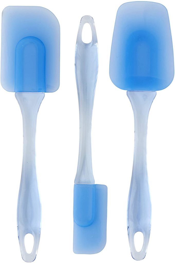 three blue silicone bowl scraper spatulas