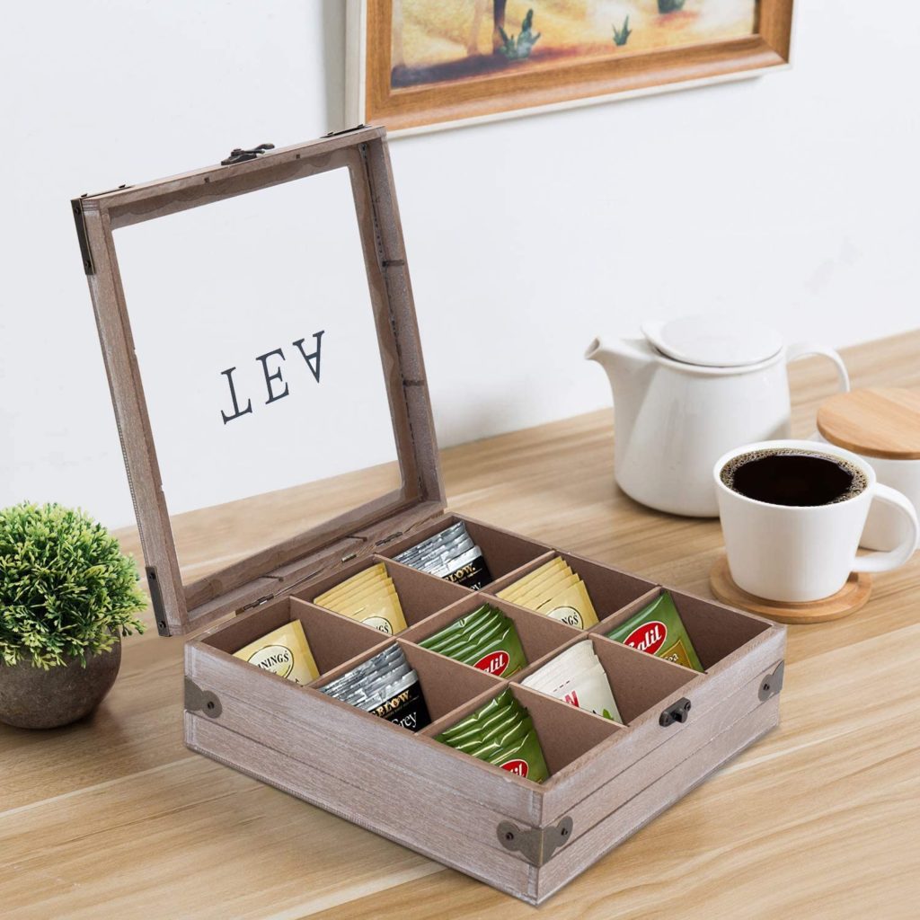 wooden tea bag caddy box with clear lid labelled TEA