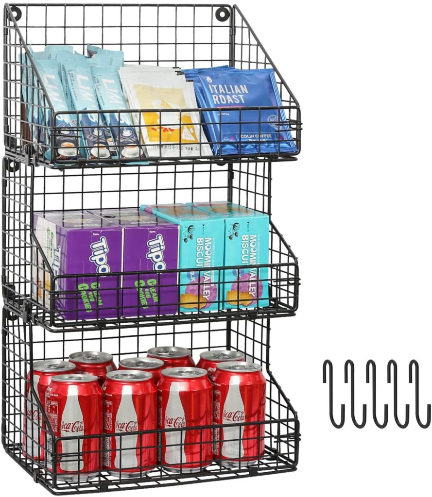 over cabinet wire rack organizer filled with tea bags and assorted snacks