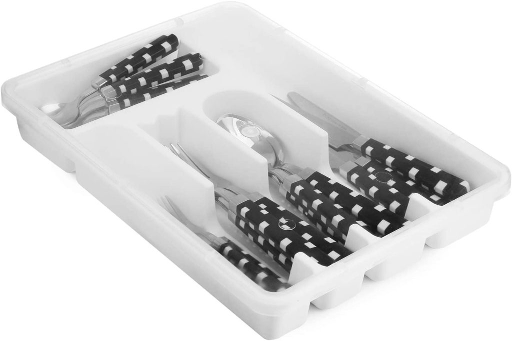 black and white unique utensils on white silverware drawer organizer