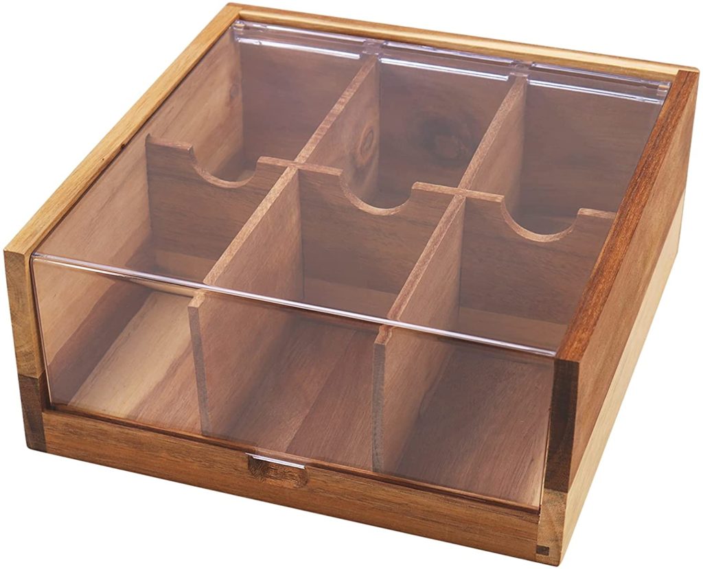 wooden acacia tea box organizer with clear acrylic lid